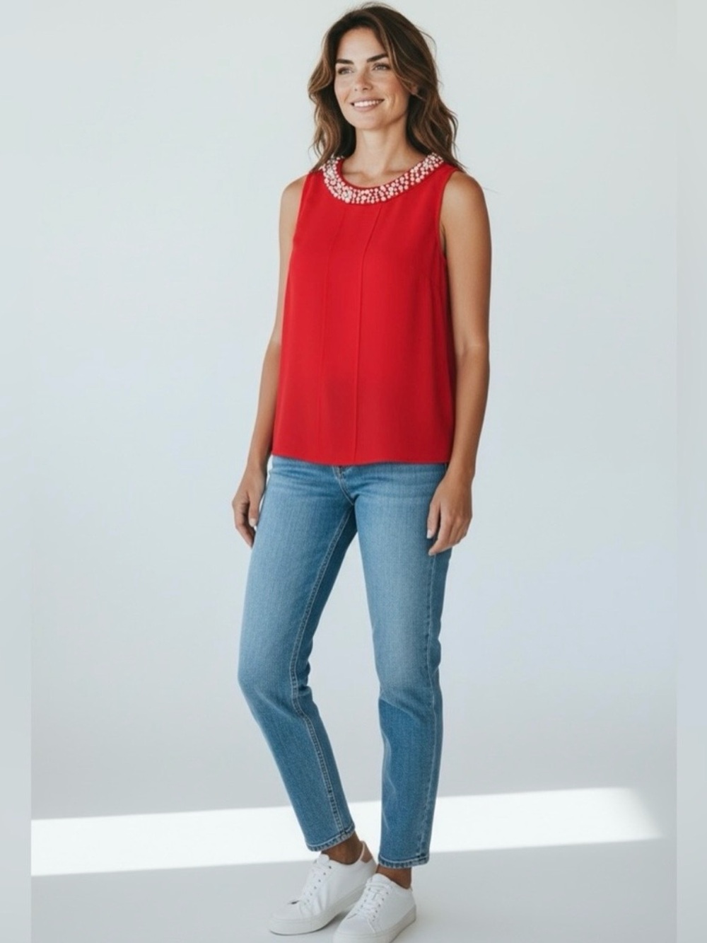 Ann Taylor Pearl Collar Sleeveless Top // Red // XS Petite